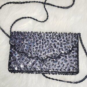 Vintage BIJOUX TERNER Elegant Silver Beaded Women's Crossbody Clutch Bag Purse